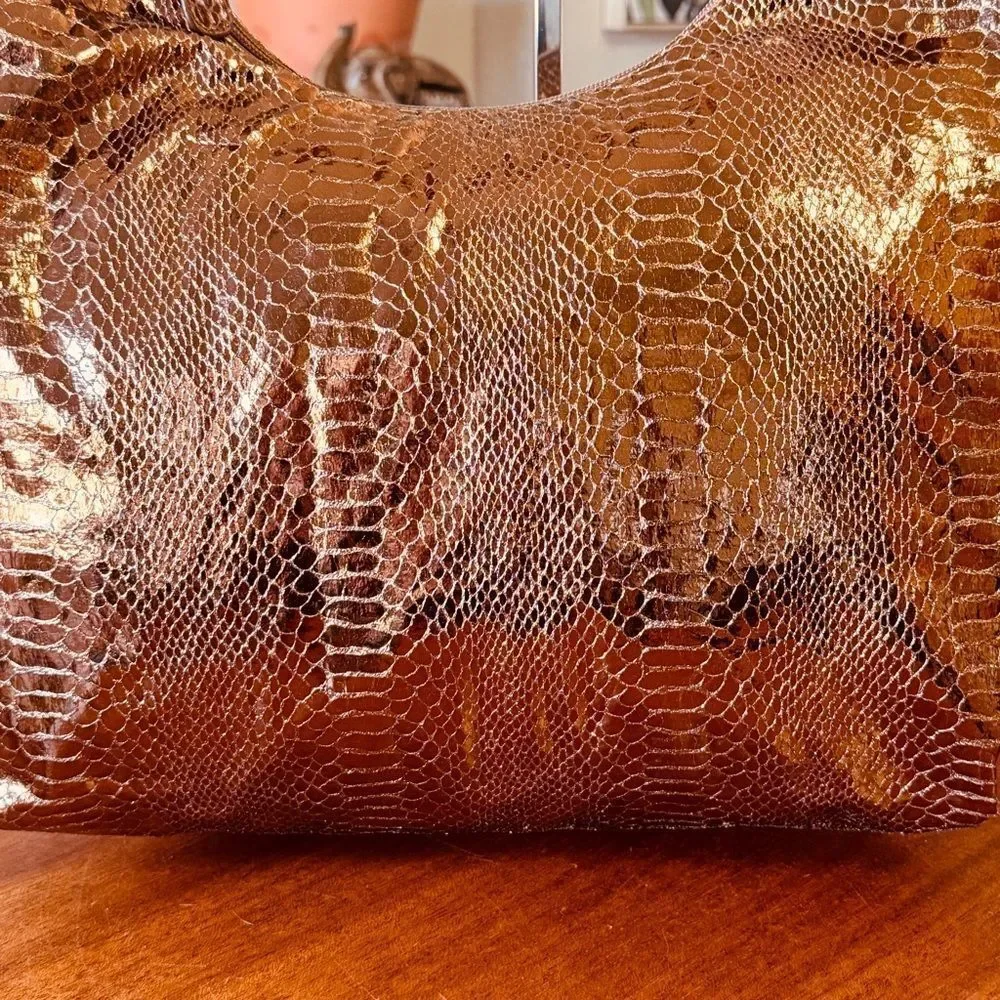Chi By Carlos Falchi Metallic Snakeskin Print Rose Gold Hobo Bag